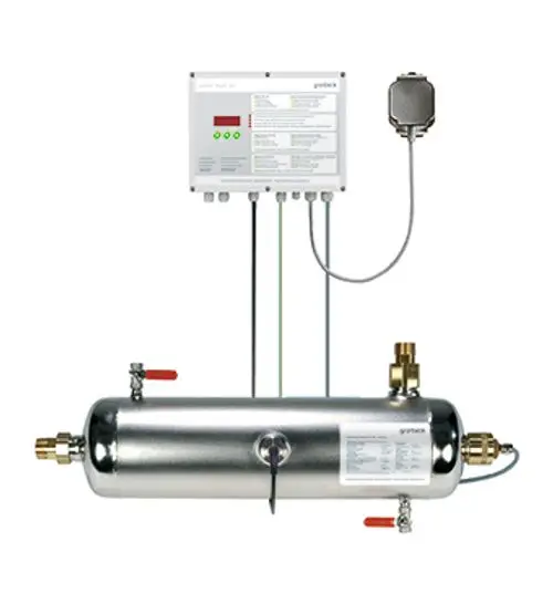 Desinfektionsanlage mit Edelstahlgehäuse, mehreren Anschlüssen und Steuerungseinheit, gefertigt von Grünbeck zur Wasserdesinfektion.